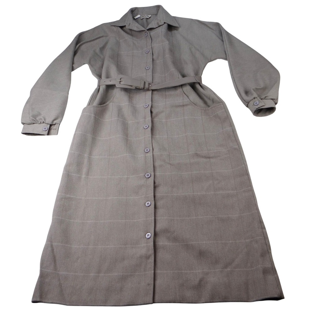 Vintage Country Miss Grey Plaid Button Front‎ Belted Dress Women's Size 8 Wool